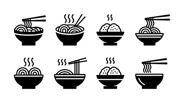 Set of diverse hot steaming ramen, noodle, and rice bowl icons with chopsticks. ideal for asian cuisine, restaurant menus, and fast food digital graphics. clean vector silhouettes.