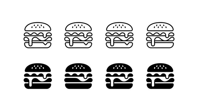 Minimalist hamburger icon set showcasing both outline and solid filled styles, ideal for fast food, restaurant menus, and mobile app interfaces