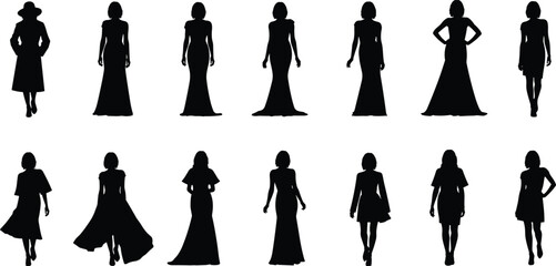 Collection of Women Silhouettes in Evening Wear Gowns Dresses Formal Fashion Elegance Style Glamour Runway Modeling Full Length Poses Isolated White Background