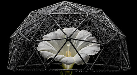 Delicate white flower encased within a geometric geodesic dome structure against a stark black background