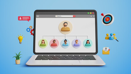 HR Management. Human Resource Planning, Network Administration, IT Management, Enhanced Performance, Recruitment, Training, Workforce., Leadership. Business Professional Managing team on 3D Laptop