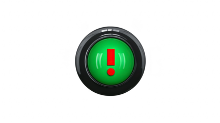 Green warning button with red exclamation mark glossy round icon alert symbol isolated on transparent background modern digital interface urgent notification attention sign 3D illustration