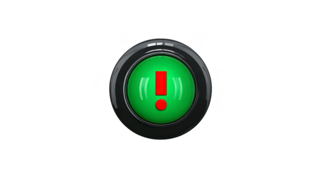 Green warning button with red exclamation mark glossy round icon alert symbol isolated on transparent background modern digital interface urgent notification attention sign 3D illustration