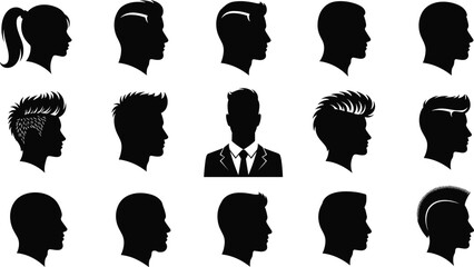 Diverse Head and Shoulder Silhouettes Profile Views Collection Various Modern Men's Hairstyles Women Ponytail Identity Avatar Portrait Set Isolated White Background