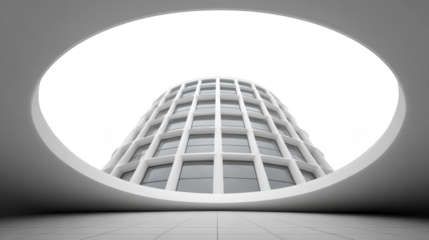 Modern architecture building with curved grid facade viewed from circular opening, minimalistic design, futuristic and innovative urban structure, dramatic perspective, monochrome color palette