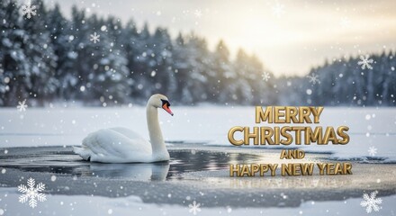 Swan in Winter Wonderland for Christmas - A serene Christmas scene with a majestic swan swimming in icy water amidst a snowy landscape, conveying holiday cheer