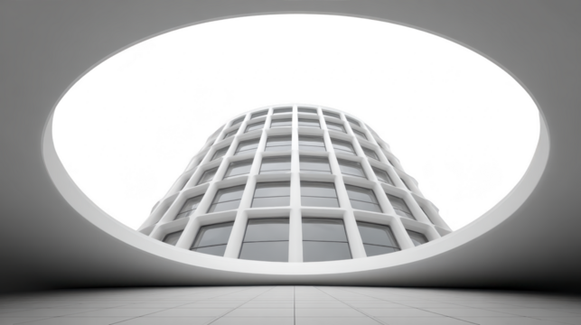 Modern architecture building with curved grid facade viewed from circular opening, minimalistic design, futuristic and innovative urban structure, dramatic perspective, monochrome color palette
