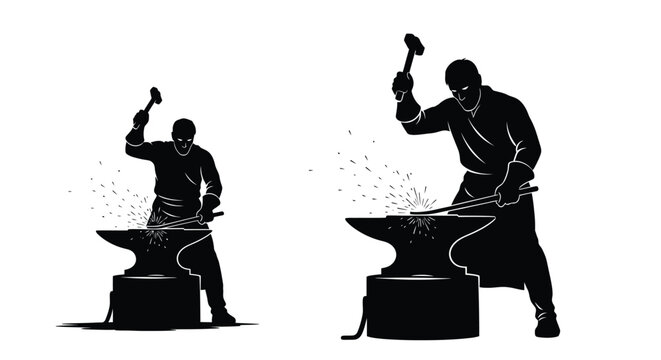 Two blacksmiths working at forges shaping metal with hammers and heat