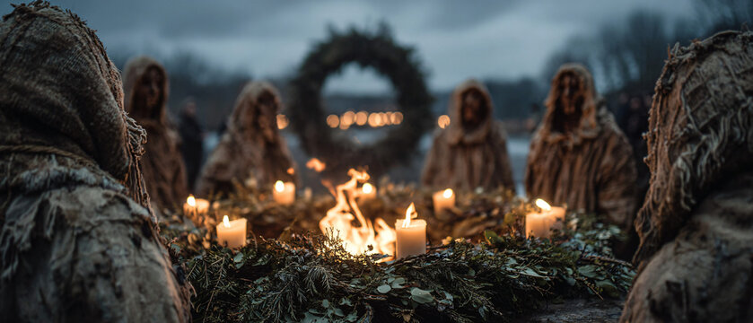 ancient-style pagan solstice ritual circle with torches and carved wooden symbols, participants in traditional winter cloaks and natural materials, dark evening sky with hints of northern twilight
