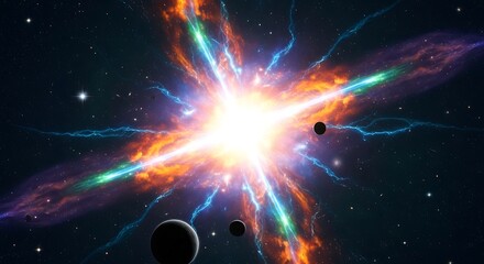Cosmic explosion in deep space with vibrant colors and celestial bodies