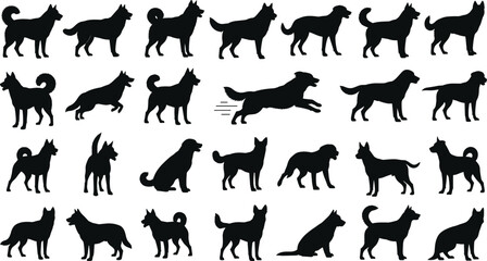 Dog Silhouettes Collection Various Poses Running Standing Sitting Different Breeds Canine Mammals Pets Animals Domestic Siberian Husky German Shepherd Isolated White Background