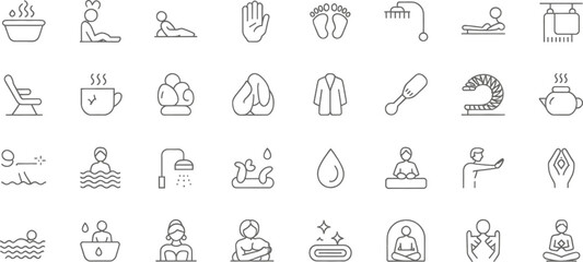 “Minimalist Spa and Wellness Line Icons Set – Relaxation, Self-Care, Massage, Bath, Sauna, Aromatherapy, Yoga & Body Care Symbols”