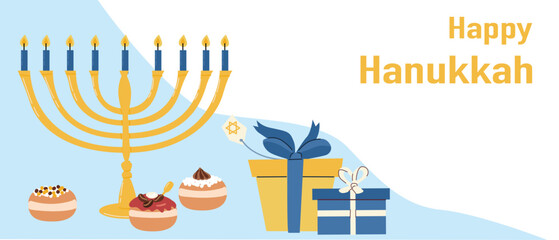 Happy Hanukkah. Flat vector illustration with donuts and gifts, menorah. Hanukkah banner design of jewish holiday with traditional symbols. Greeting background.
