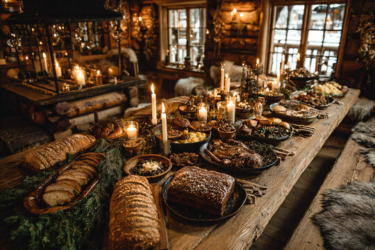 Scandinavian Yule feast table indoors, wooden cabin interior with soft candlelight, hearty traditional foods including breads, roasted meats, and winter vegetables,