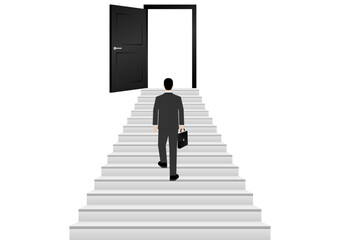 Fototapeta premium Businessman walking Upstairs to Opportunity Door. Business Opportunity and Success Career Concept. Vector Illustration. 