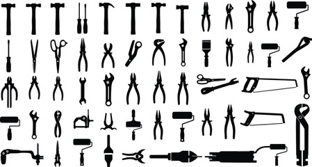 Essential Hand Tools Silhouette Collection, Including Hammers, Wrenches, Pliers, Saws, Screwdrivers, Paint Rollers, Utility and DIY Equipment, Construction and Repair Isolated White Background