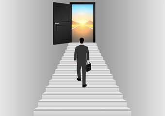 Obraz premium Businessman walking Upstairs to Opportunity Door. Business Opportunity and Success Career Concept. Vector Illustration. 