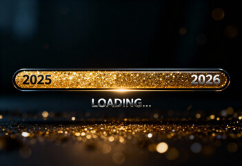 New year 2026 loading concept, glittering golden progress bar indicating transition from 2025 to 2026, dark background with bokeh lights