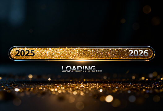 New year 2026 loading concept, glittering golden progress bar indicating transition from 2025 to 2026, dark background with bokeh lights