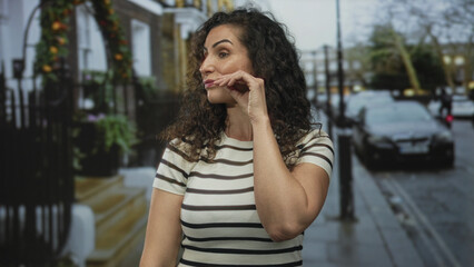 Woman wearing striped top pulls earlobe on urban street with parked cars and wrought iron railings; confidence.
