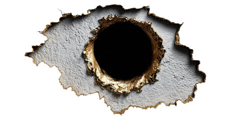Bullet hole on the Wall: A close-up view of a bullet hole on a textured surface, showcasing the impact and damage caused by a gunshot, highlighting the raw violence.