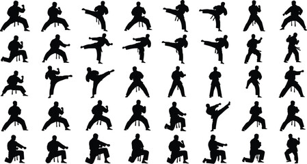 Martial Arts Karate Taekwondo Silhouettes Collection Various Kicks Stances Fighting Poses Self-Defense Training Fitness Discipline Strength Isolated White Background