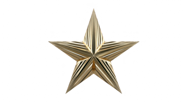 Golden star metallic five pointed shape shiny surface 3D rendering isolated on transparent background symbol of achievement elegant and decorative festive and celebratory