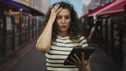 Woman reads tablet on city street with hand on chin in daylight under cafe awning; uncertainty doubt.