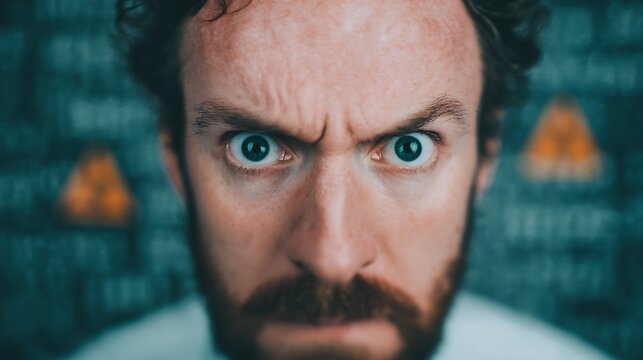 A close-up portrait of a man with intense eyes and an angry expression, set against a textured background featuring warning symbols.