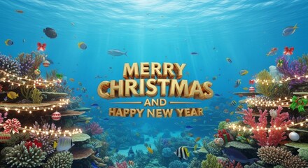 Fototapeta premium Underwater Holiday Celebration - An underwater scene featuring coral reefs decorated for Christmas and New Year, with fish swimming around in a festive marine environment
