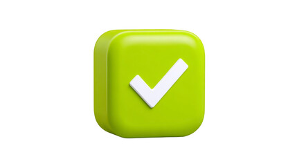Green 3D square icon with white check mark, symbolizing approval, confirmation, or success, isolated on transparent background, modern minimal style, positive and clean design