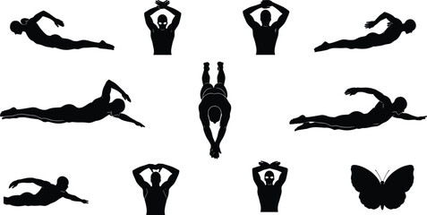 Swimmer and Butterfly Silhouettes Collection Underwater Freestyle Butterfly Stroke Diving Sports Exercise Fitness Movement Aquatic Activities Isolated White Background