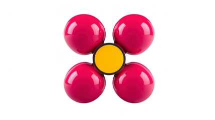 Pink balloon flower with four glossy petals and yellow center, isolated on transparency background, festive and cheerful decoration for party or celebration