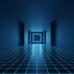 Futuristic digital blue grid tunnel with glowing square portal