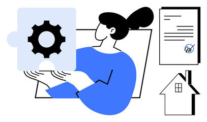 Woman holding puzzle piece with gear icon symbolizing problem-solving, document with signature, and house. Ideal for business strategy, solutions, workflow, planning, productivity, real estate