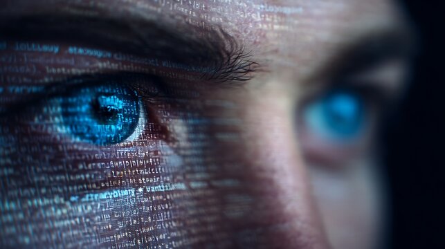 A close-up of a person's eye with digital code reflected, symbolizing technology, data, and the fusion of human perception with the digital world.