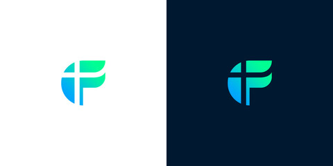 Modern abstract letter F logo design featuring a subtle cross element, rendered in a vibrant blue-green gradient, symbolizing faith, future, or dynamic growth for contemporary branding