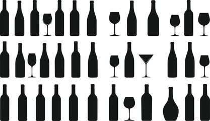 Wine Bottle and Glass Silhouettes Collection Various Shapes Alcohol Beverage Drink Container Bar Service Celebration Luxury Dining Events Isolated White Background