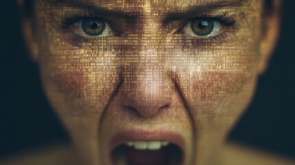A close-up of a person's face expressing intense emotion, overlaid with a digital pattern, conveying themes of anger and technology.
