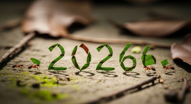 Year Two Thousand Twenty Six with Ants - Ants carrying leaves form year 2026 on a sandy surface surrounded by leaves and twigs. Nature meets calendar - Powered by Adobe