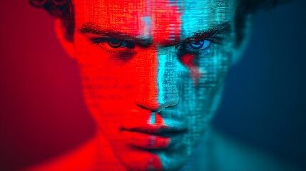 A striking digital portrait featuring a face split in contrasting red and blue hues, overlaid with binary code, representing technology and identity.