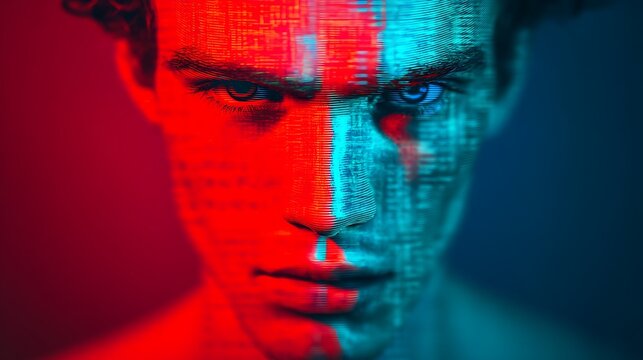 A striking digital portrait featuring a face split in contrasting red and blue hues, overlaid with binary code, representing technology and identity.