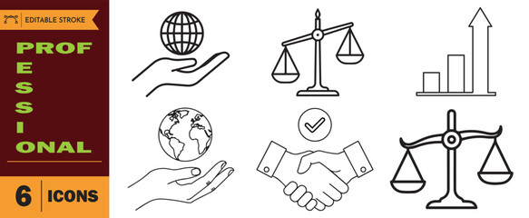 Six professional line art icons illustrating global reach, responsibility, justice, partnership, growth, and balance