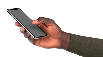 Hand holding smartphone black screen modern device close up isolated technology communication touchscreen digital casual confident gesture dark skin green sleeve horizontal orientation