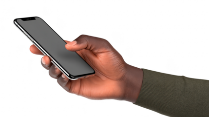 Hand holding smartphone black screen modern device close up isolated technology communication touchscreen digital casual confident gesture dark skin green sleeve horizontal orientation