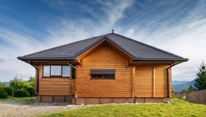 wooden house with aluminum gutters and soffit on a sloping roof