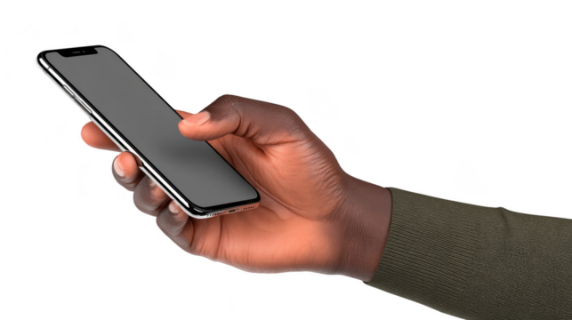 Hand holding smartphone black screen modern device close up isolated technology communication touchscreen digital casual confident gesture dark skin green sleeve horizontal orientation