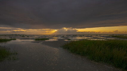 Golden sunset over tidal wetlands with dramatic storm clouds and reflective water channels in a coastal marsh landscape