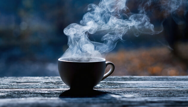 Steaming cup of coffee on a wooden surface outdoors.