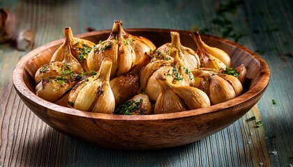 roasted garlic high angle close up wooden bowl composition food photography garlic recipe culinary garlic recipe